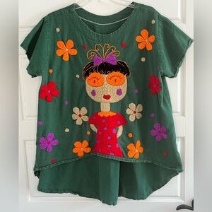 Mexican Embroidered Girl Doll Frida Kahlo Shirt Quirky Artsy Folk Art Plus Size